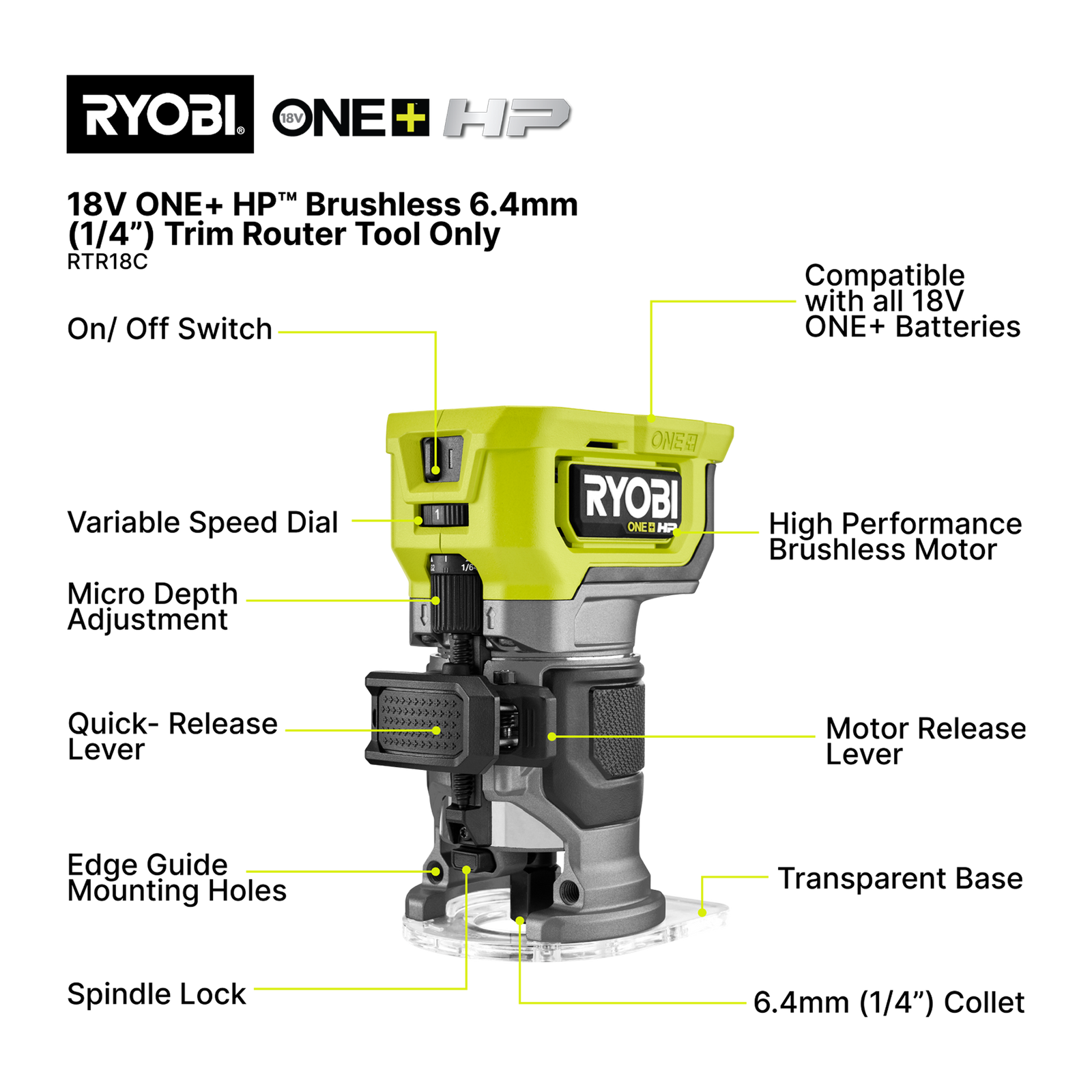 Ryobi 18V ONE+ HP Brushless Cordless 6.4mm (1/4") Trim Router Tool Only RTR18C