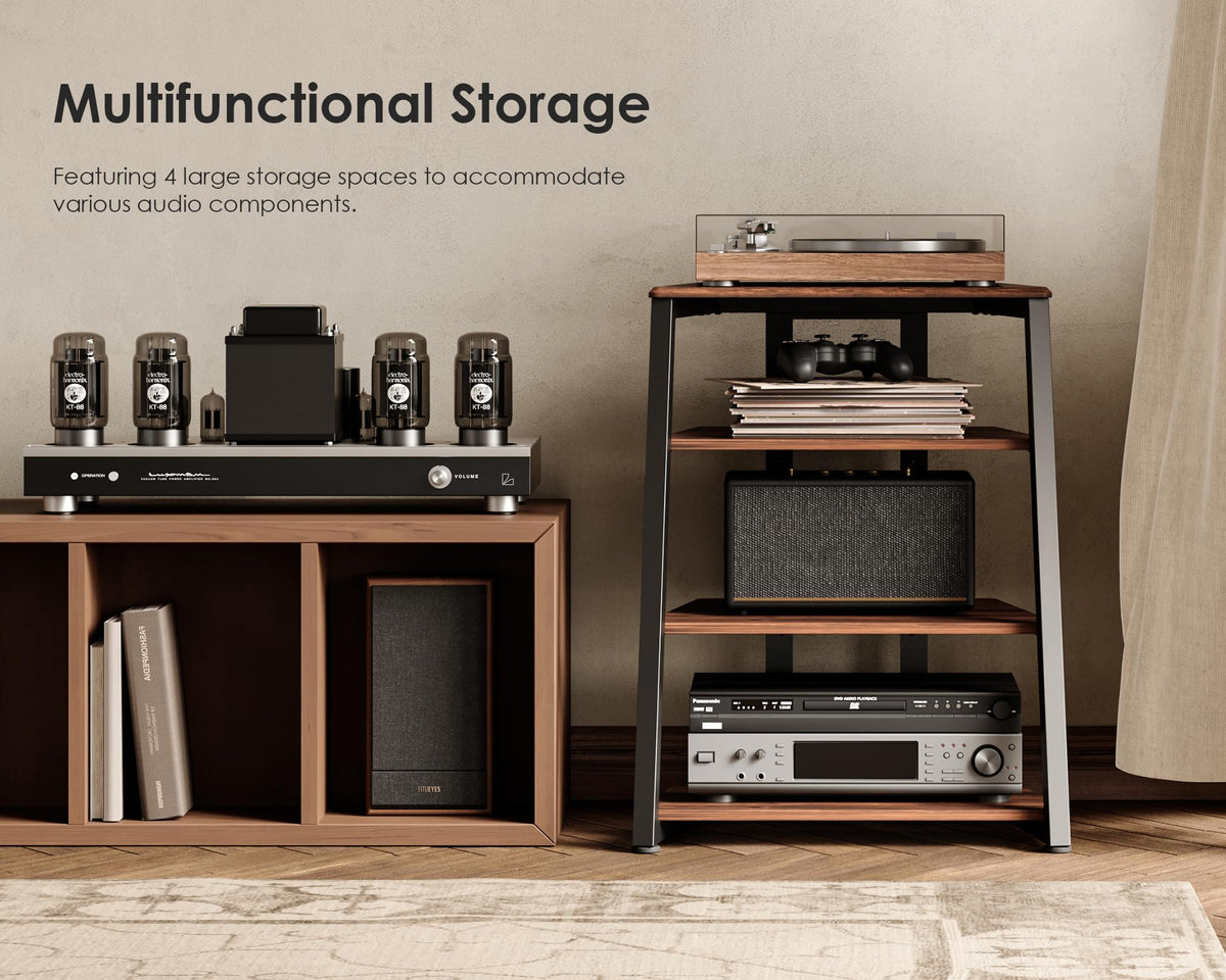 4 Tier Media Stand - Walnut - Adjustable Corner Shelf for Turntable, Console, AV Receiver and Speakers