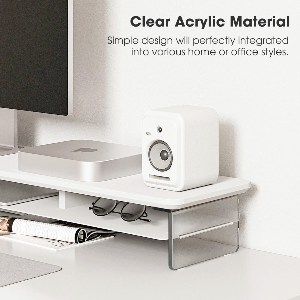 Acrylic Dual Monitor Riser 42.5 Inch - White - 2 Tier Desk Shelf, 18mm Board with Steel Core