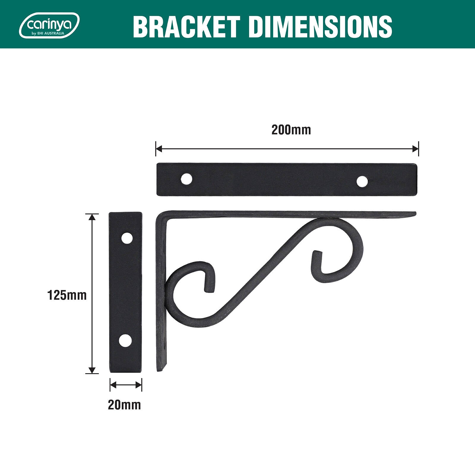 Carinya 200 x 125mm Black Powder Coated Steel Scroll Stayed Bracket 100kg