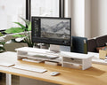 Dual Monitor Riser with Drawers 42.5 Inch - White - 2 Tier Desktop Organiser, 15mm Wood Panel, Holds 45kg