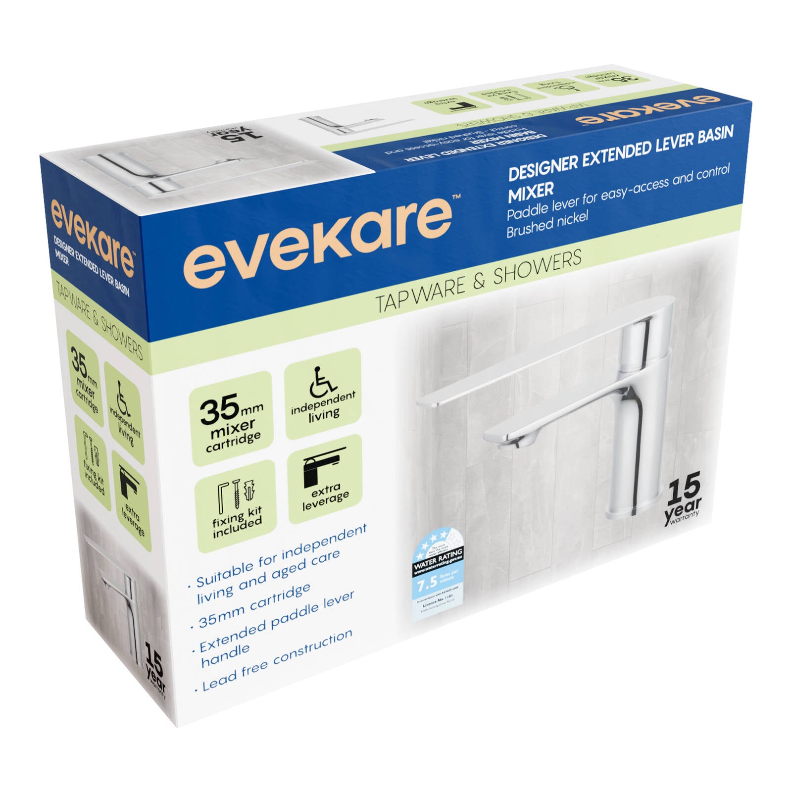 Evekare Brushed Nickel Extended Lever Basin Mixer, 7.5L/min, 4 Star WELS