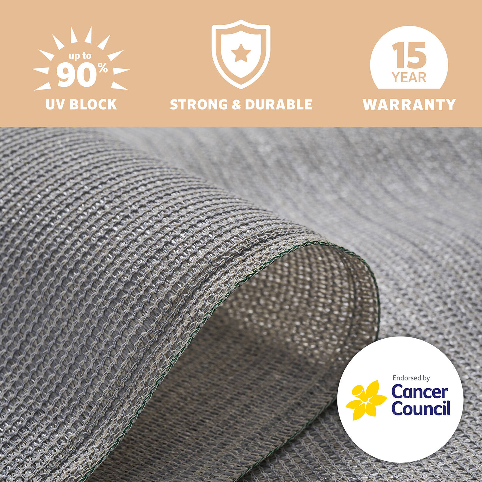 Coolaroo 1.8 x 3m Stone Heavy Duty Sun Protection Shade Cloth - HDPE 90% UV Block