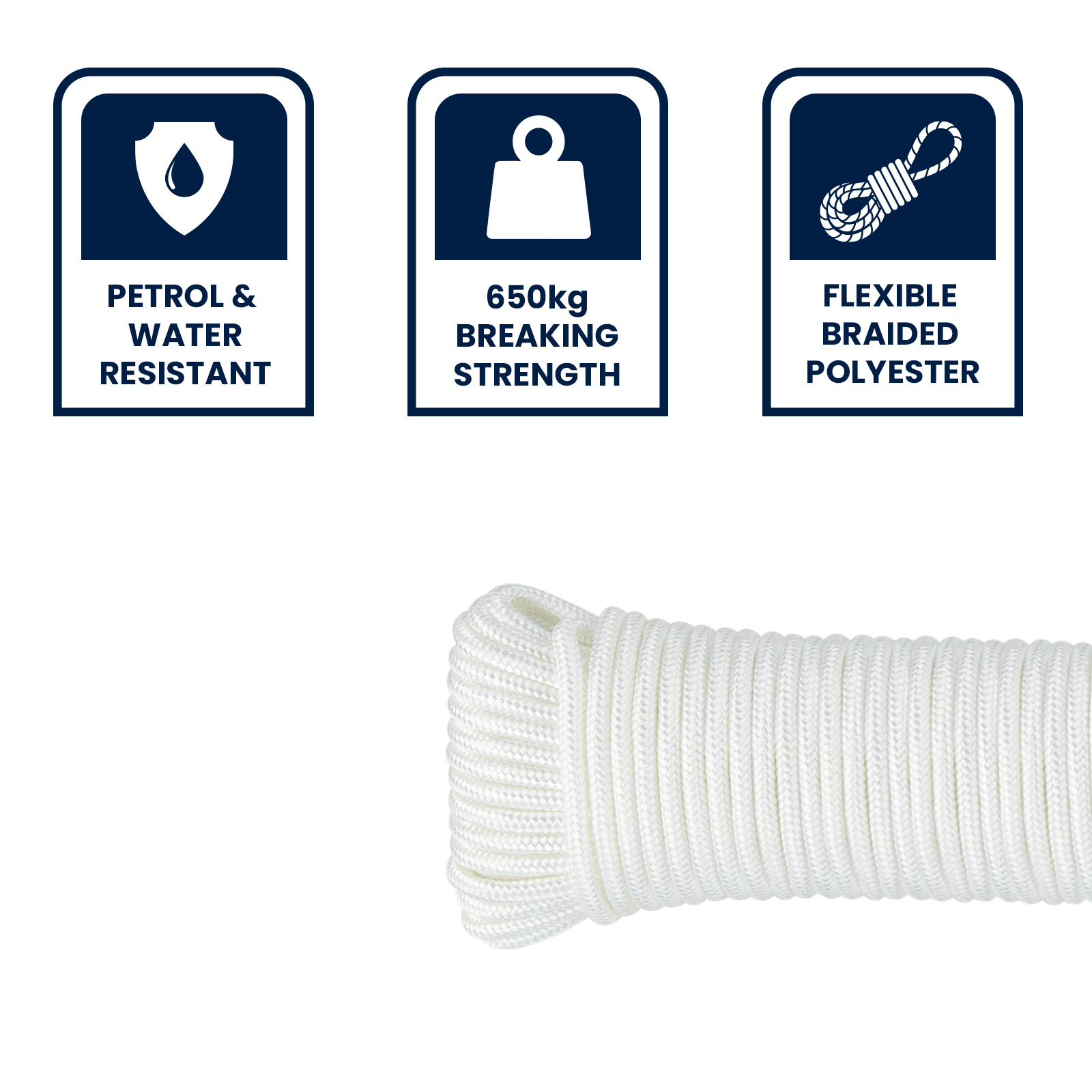 Grunt 6mm x 40m White Polyester Marine Braided Rope 650kg