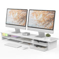Dual Monitor Riser with Drawers 42.5 Inch - White - 2 Tier Desktop Organiser, 15mm Wood Panel, Holds 45kg