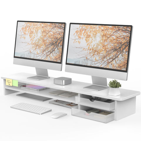 Dual Monitor Riser with Drawers 42.5 Inch - White - 2 Tier Desktop Organiser, 15mm Wood Panel, Holds 45kg