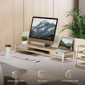 Dual Monitor Stand with Drawers 42.5 Inch - Oak - 2 Tier Wooden Desk Riser, 3 Compartments, 2 Frosted Acrylic Drawers