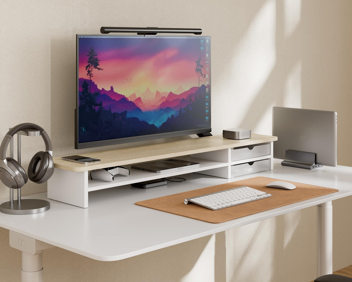 Dual Monitor Riser with Drawers 42.5 Inch - Oak - 2 Tier Desktop Organiser, 15mm Wood Panel, Holds 45kg