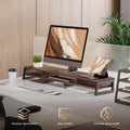 Dual Monitor Stand with Drawers 42.5 Inch - Brown - 2 Tier Wooden Desk Riser, 3 Compartments, 2 Frosted Acrylic Drawers