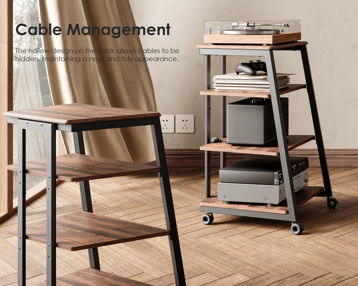 4 Tier Media Stand - Walnut - Adjustable Corner Shelf for Turntable, Console, AV Receiver and Speakers