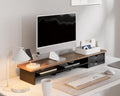 Dual Monitor Riser with Drawers 42.5 Inch - Brown - 2 Tier Desktop Organiser, 15mm Wood Panel, Holds 45kg