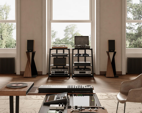 4 Tier Media Stand - Black - Adjustable Corner Shelf for Turntable, Console, AV Receiver and Speakers