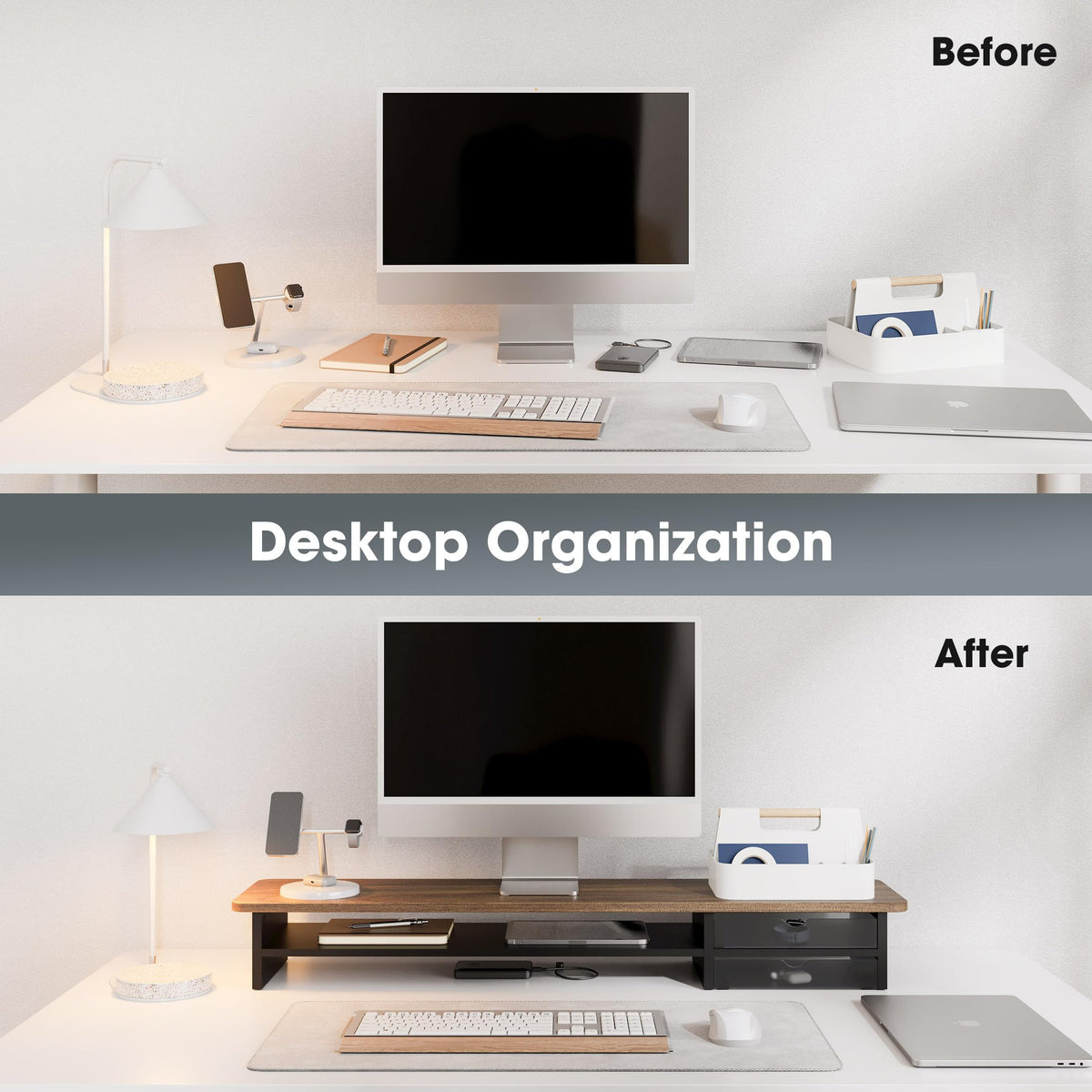 Dual Monitor Riser with Drawers 42.5 Inch - Brown - 2 Tier Desktop Organiser, 15mm Wood Panel, Holds 45kg