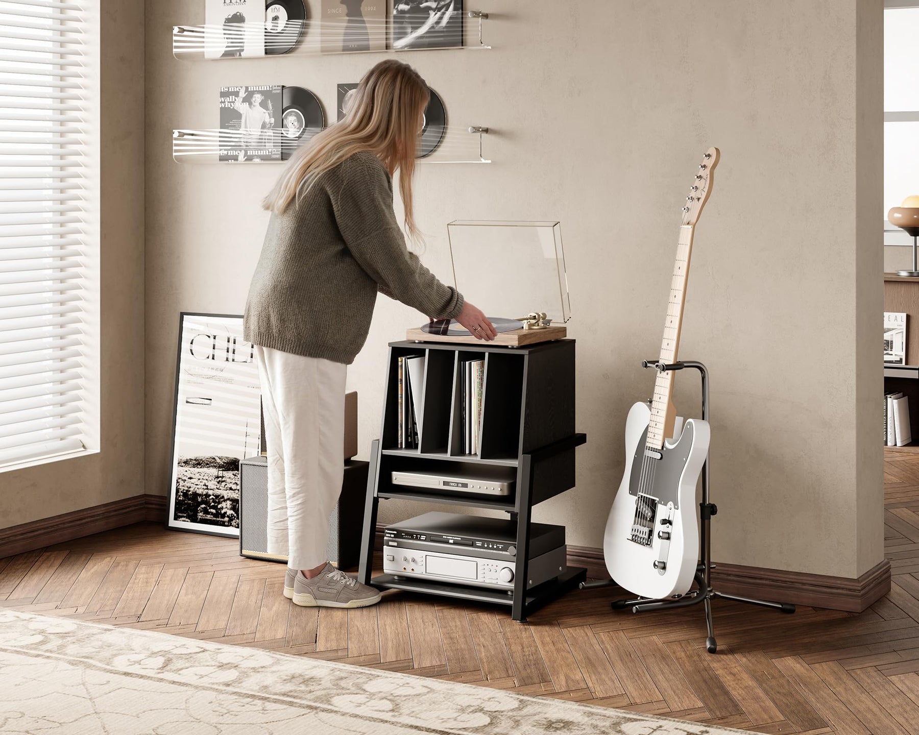 Vinyl Record Player Stand - Black - Holds up to 120 Records, Turntable Cabinet with Storage, Eiffel Series
