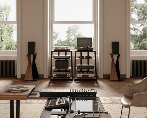 4 Tier Media Stand - Walnut - Adjustable Corner Shelf for Turntable, Console, AV Receiver and Speakers