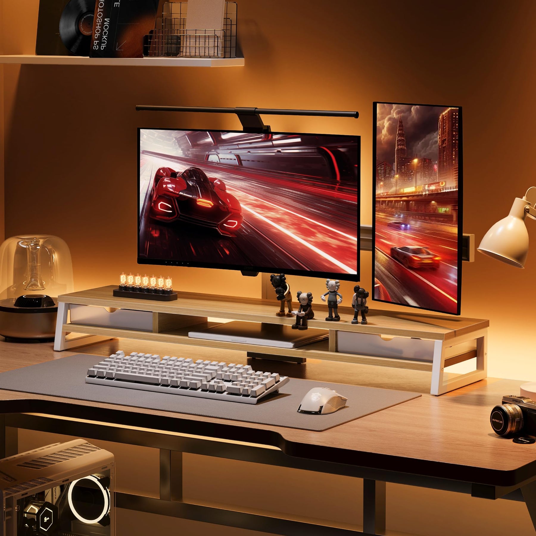 Dual Monitor Stand with Drawers 42.5 Inch - Oak - 2 Tier Wooden Desk Riser, 3 Compartments, 2 Frosted Acrylic Drawers