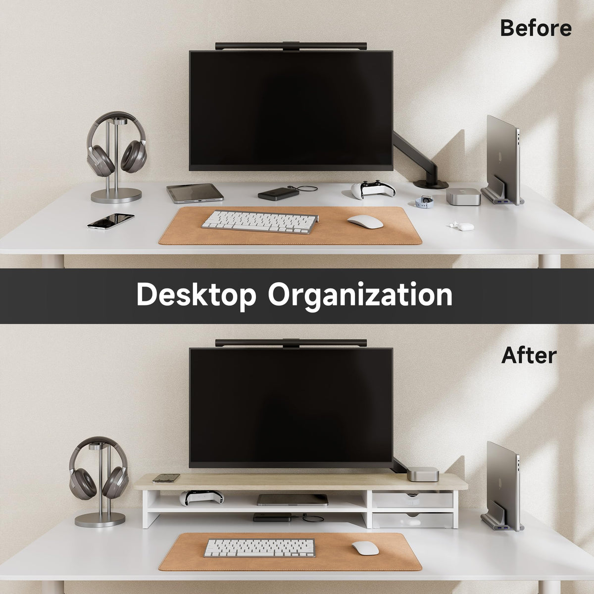 Dual Monitor Riser with Drawers 42.5 Inch - Oak - 2 Tier Desktop Organiser, 15mm Wood Panel, Holds 45kg