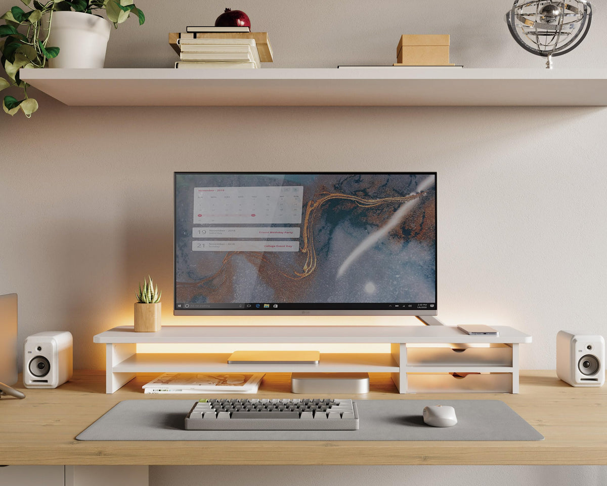 Dual Monitor Riser with Drawers 42.5 Inch - White - 2 Tier Desktop Organiser, 15mm Wood Panel, Holds 45kg