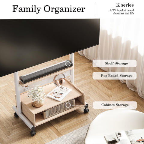 Corner TV Stand on Wheels for 40-85 Inch TVs - White - Peg Board and Wooden Cabinet Storage, Height Adjustable Mount