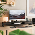 Dual Monitor Stand with Drawers 42.5 Inch - Black - 2 Tier Wooden Desk Riser, 3 Compartments, 2 Frosted Acrylic Drawers