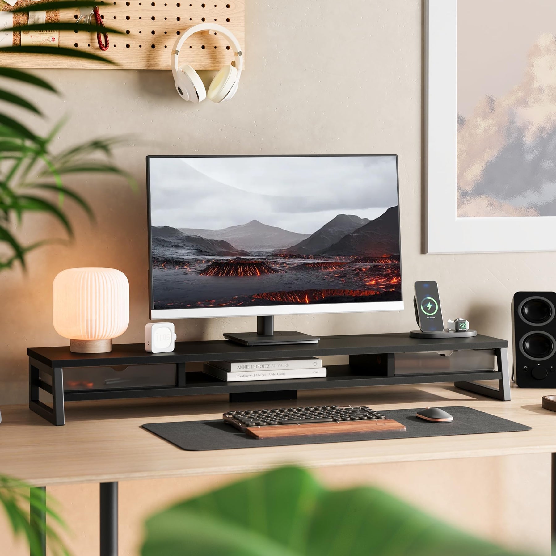 Dual Monitor Stand with Drawers 42.5 Inch - Black - 2 Tier Wooden Desk Riser, 3 Compartments, 2 Frosted Acrylic Drawers