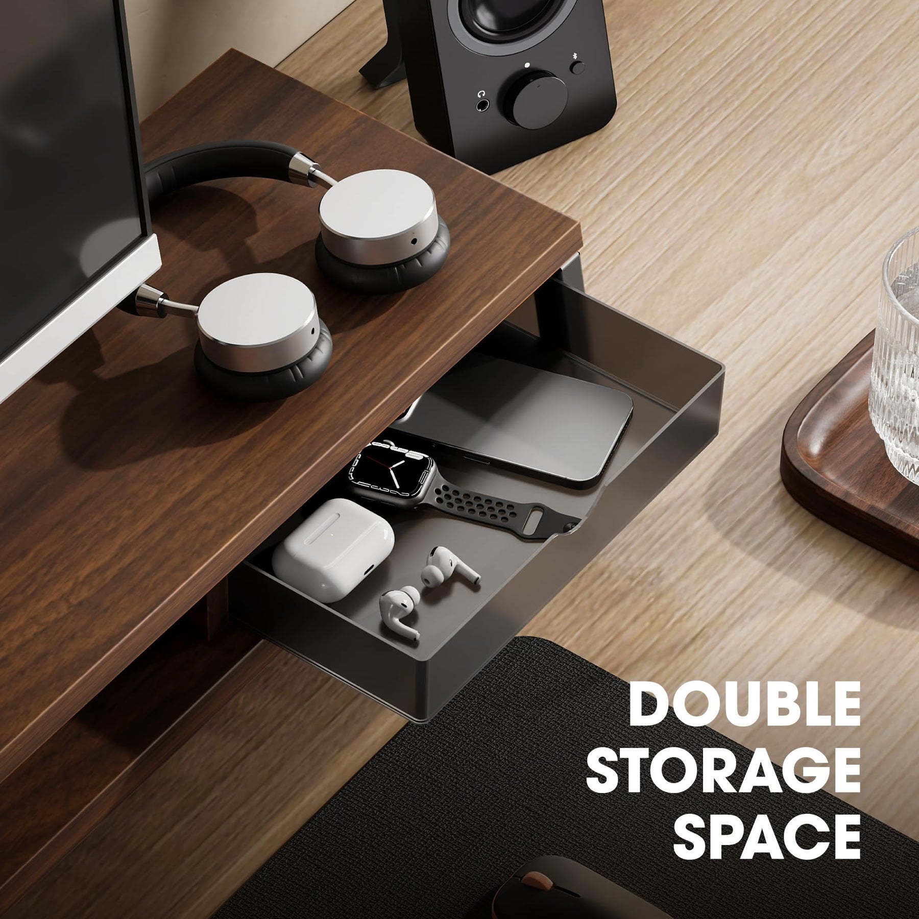 Dual Monitor Stand with Drawers 42.5 Inch - Brown - 2 Tier Wooden Desk Riser, 3 Compartments, 2 Frosted Acrylic Drawers