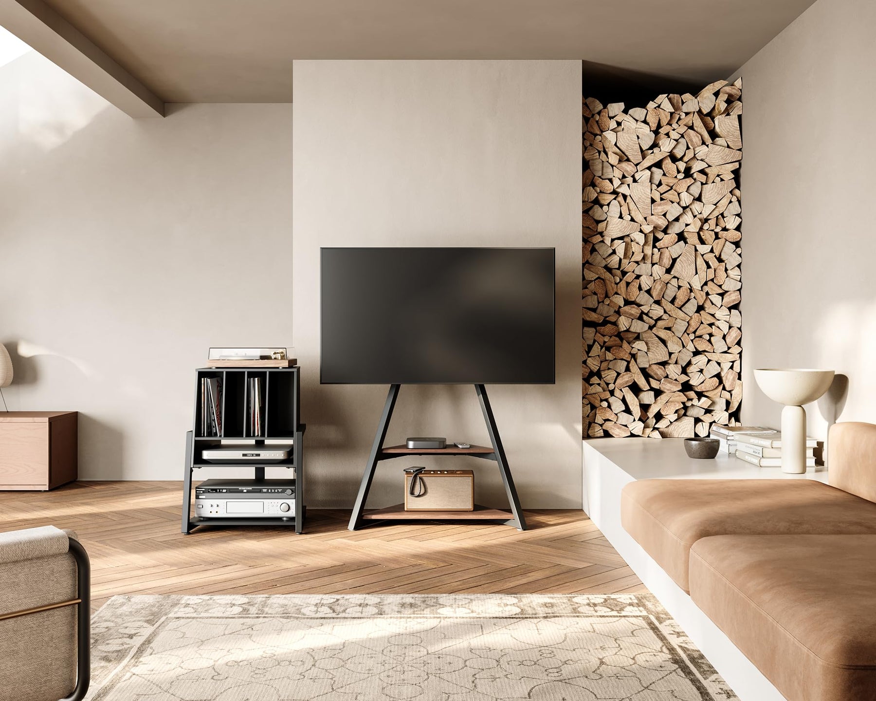 Vinyl Record Player Stand - Black - Holds up to 120 Records, Turntable Cabinet with Storage, Eiffel Series