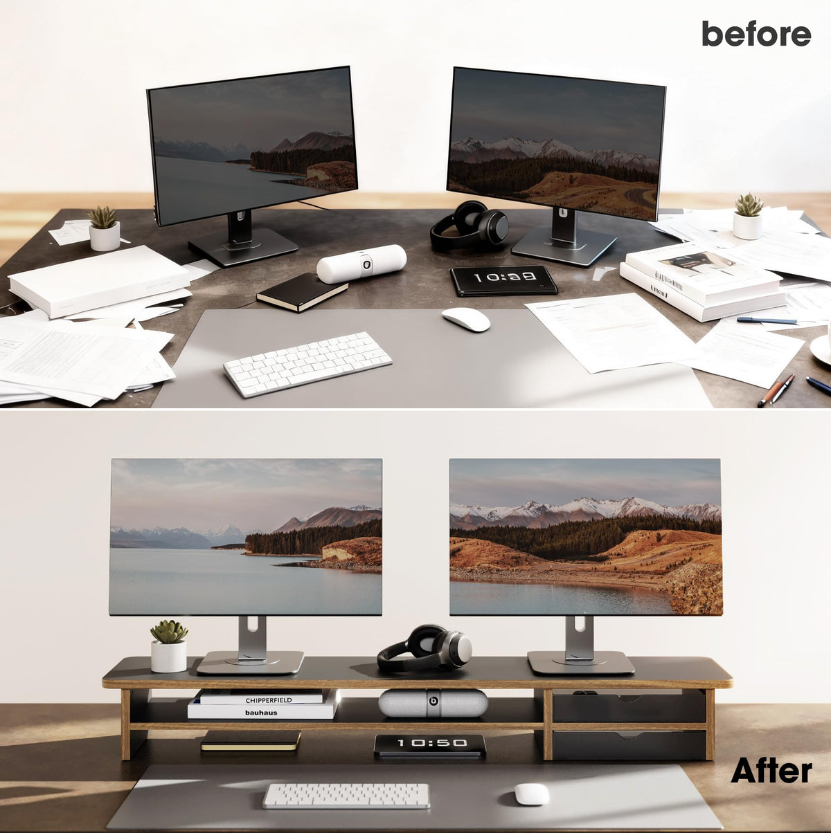 Dual Monitor Riser with Drawers 42.5 Inch - Black - 2 Tier Desktop Organiser, 15mm Wood Panel, Holds 45kg