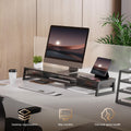 Dual Monitor Stand with Drawers 42.5 Inch - Black - 2 Tier Wooden Desk Riser, 3 Compartments, 2 Frosted Acrylic Drawers
