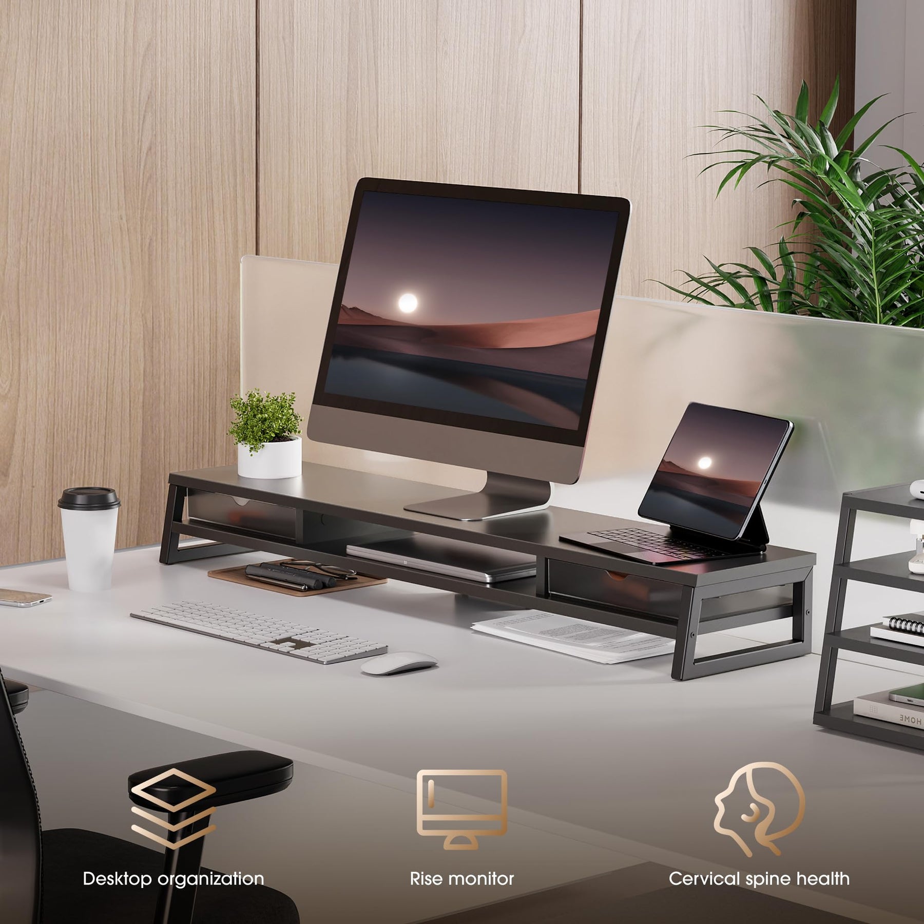Dual Monitor Stand with Drawers 42.5 Inch - Black - 2 Tier Wooden Desk Riser, 3 Compartments, 2 Frosted Acrylic Drawers