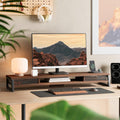 Dual Monitor Stand with Drawers 42.5 Inch - Brown - 2 Tier Wooden Desk Riser, 3 Compartments, 2 Frosted Acrylic Drawers