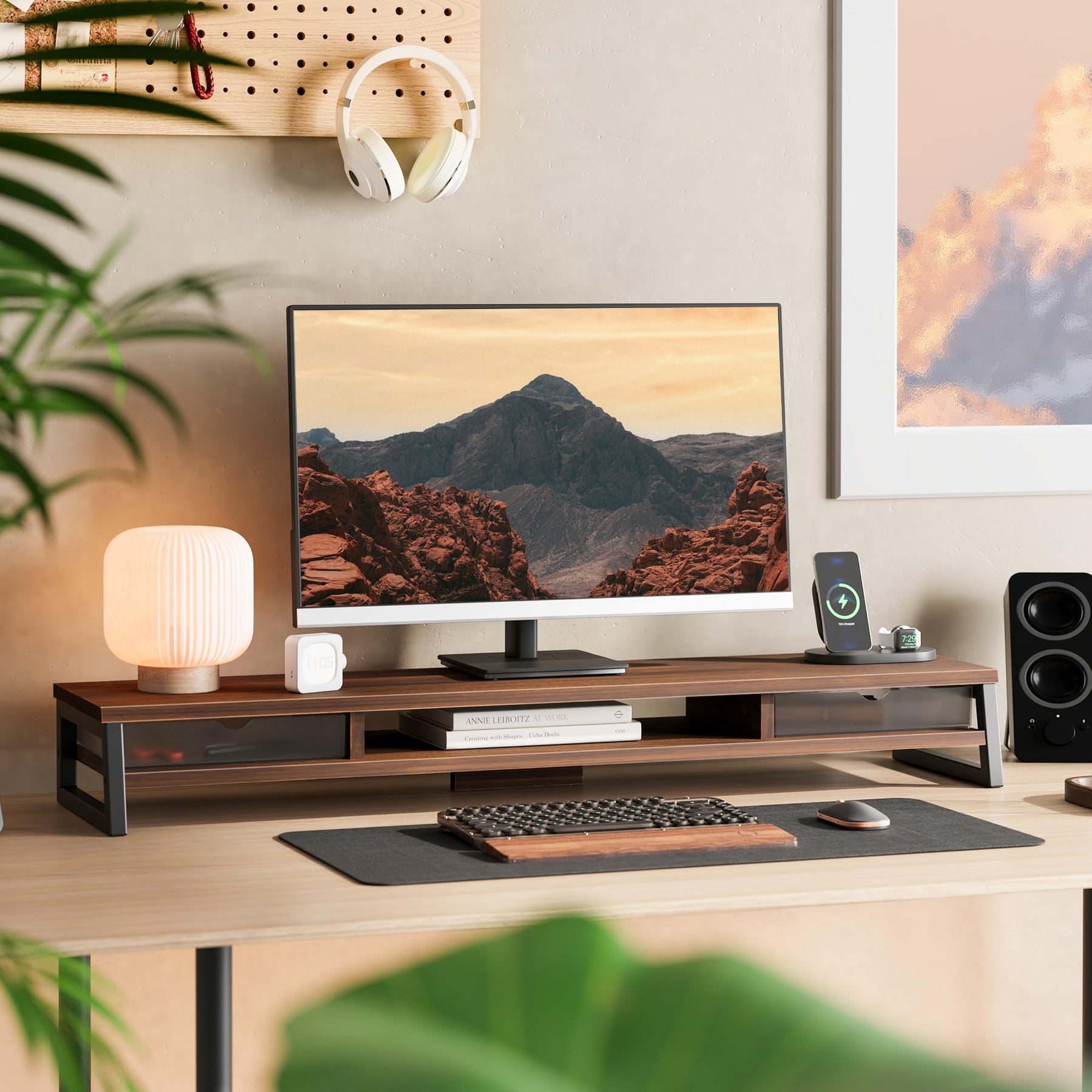 Dual Monitor Stand with Drawers 42.5 Inch - Brown - 2 Tier Wooden Desk Riser, 3 Compartments, 2 Frosted Acrylic Drawers
