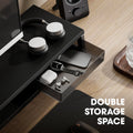 Dual Monitor Stand with Drawers 42.5 Inch - Black - 2 Tier Wooden Desk Riser, 3 Compartments, 2 Frosted Acrylic Drawers