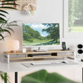 Dual Monitor Stand with Drawers 42.5 Inch - Oak - 2 Tier Wooden Desk Riser, 3 Compartments, 2 Frosted Acrylic Drawers