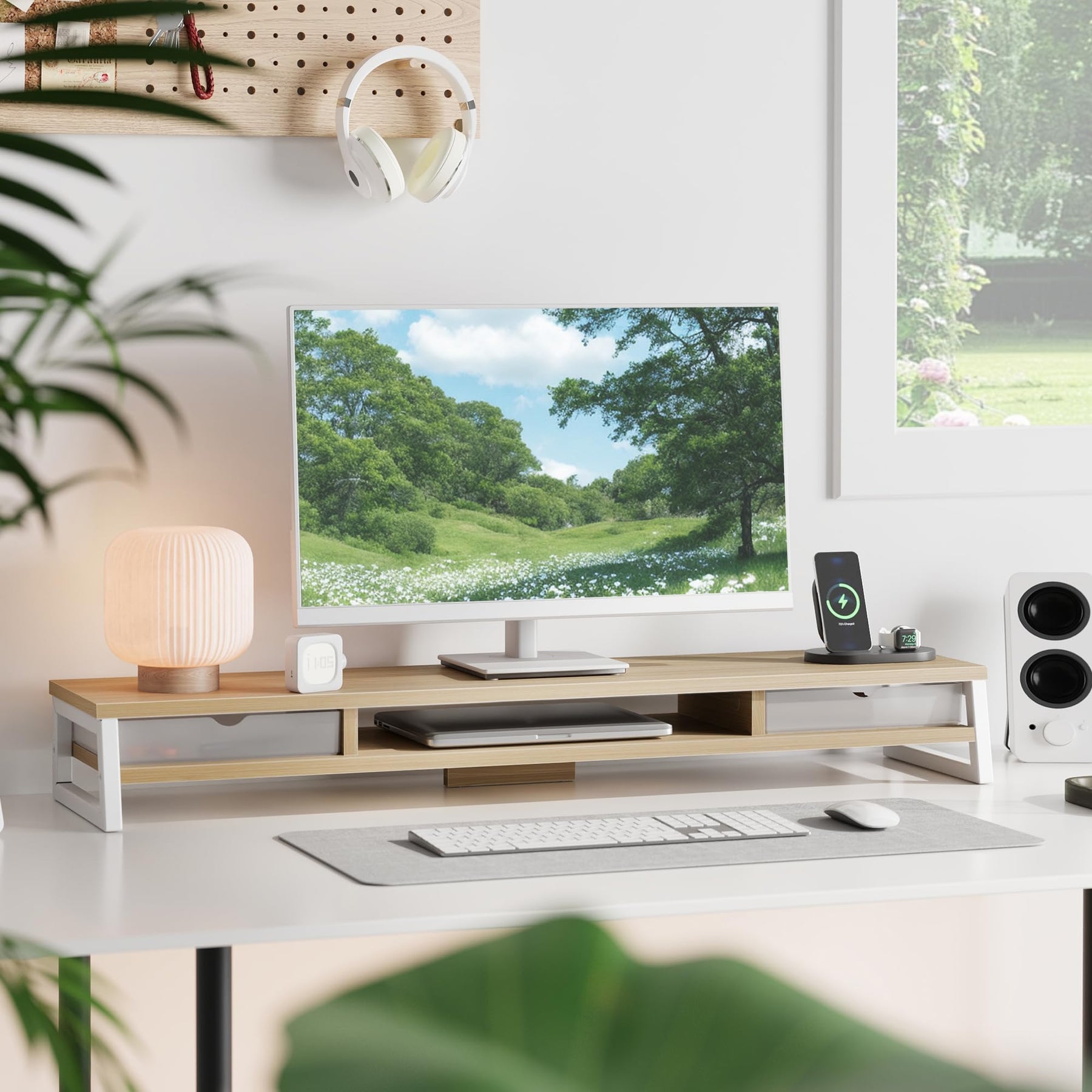 Dual Monitor Stand with Drawers 42.5 Inch - Oak - 2 Tier Wooden Desk Riser, 3 Compartments, 2 Frosted Acrylic Drawers