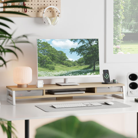 Dual Monitor Stand with Drawers 42.5 Inch - Oak - 2 Tier Wooden Desk Riser, 3 Compartments, 2 Frosted Acrylic Drawers