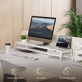 Dual Monitor Stand with Drawers 42.5 Inch - White - 2 Tier Wooden Desk Riser, 3 Compartments, 2 Frosted Acrylic Drawers