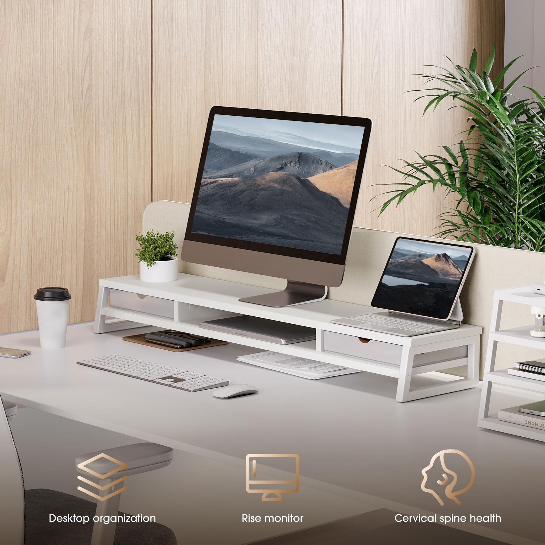 Dual Monitor Stand with Drawers 42.5 Inch - White - 2 Tier Wooden Desk Riser, 3 Compartments, 2 Frosted Acrylic Drawers