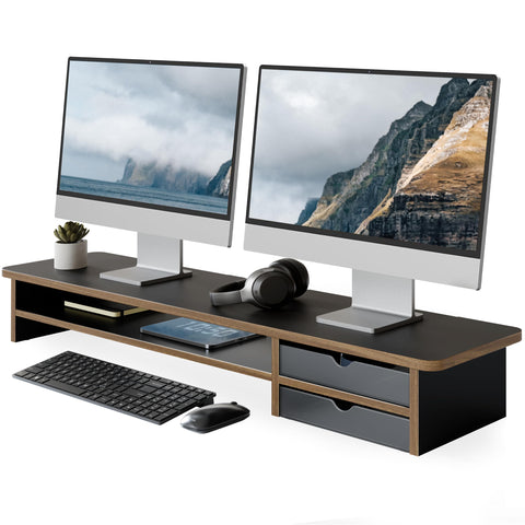 Dual Monitor Riser with Drawers 42.5 Inch - Black - 2 Tier Desktop Organiser, 15mm Wood Panel, Holds 45kg