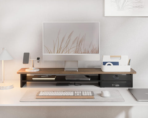 Dual Monitor Riser with Drawers 42.5 Inch - Brown - 2 Tier Desktop Organiser, 15mm Wood Panel, Holds 45kg