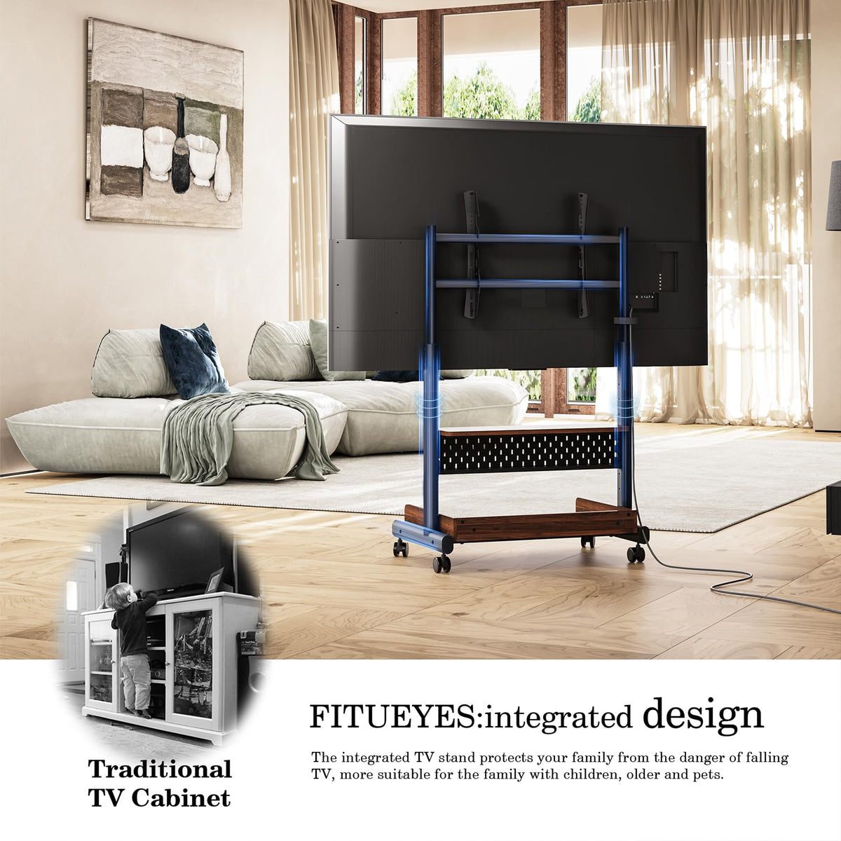 Corner TV Stand on Wheels for 40-85 Inch TVs - Black - Peg Board and Wooden Shelf Storage, Height Adjustable Mount