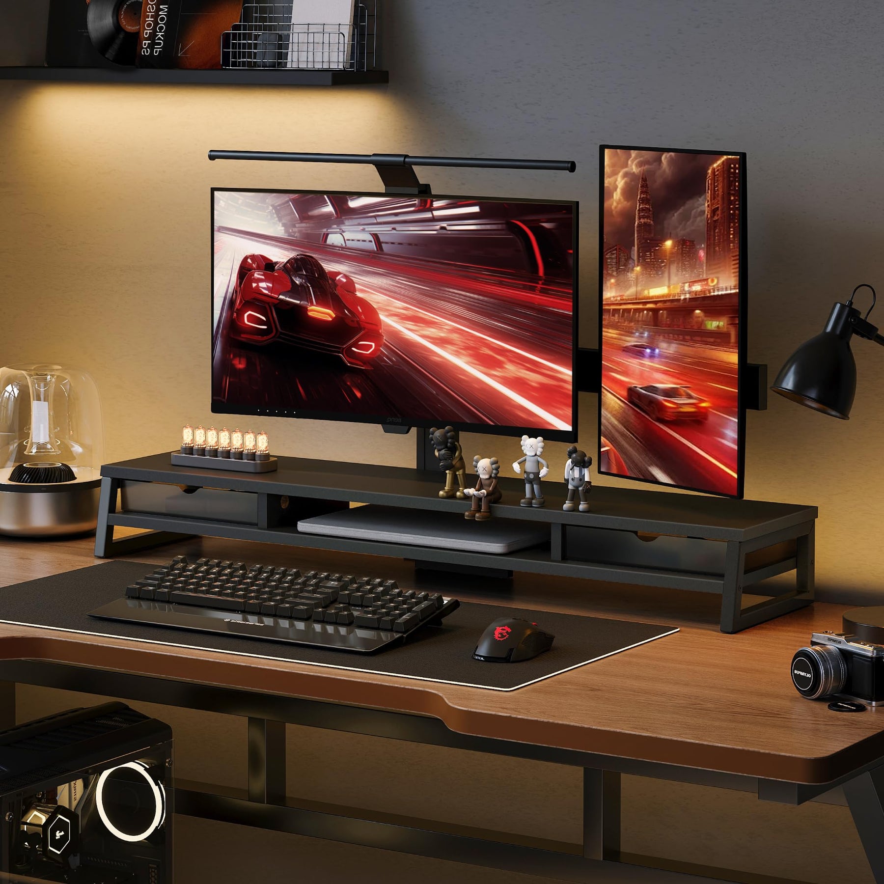 Dual Monitor Stand with Drawers 42.5 Inch - Black - 2 Tier Wooden Desk Riser, 3 Compartments, 2 Frosted Acrylic Drawers