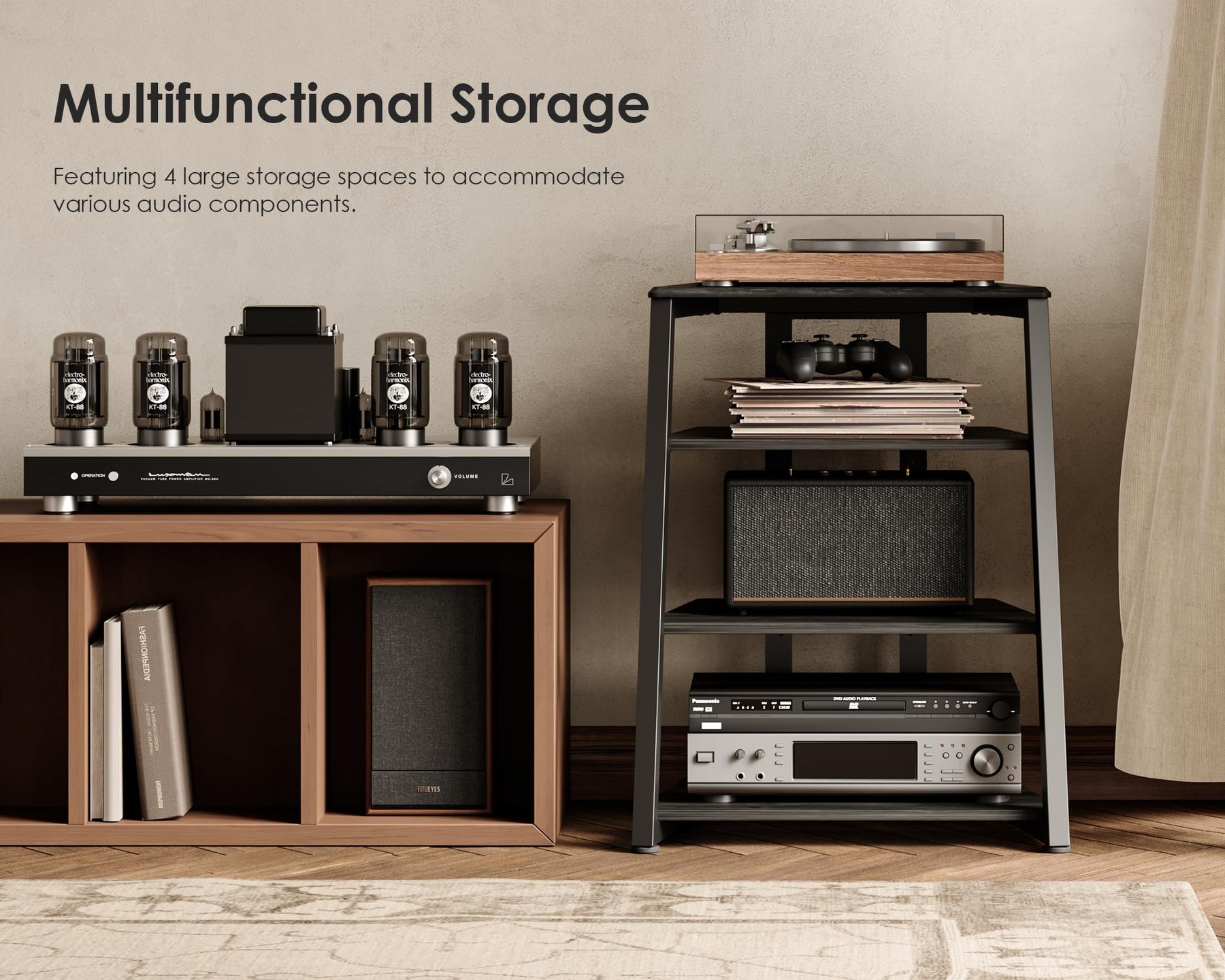 4 Tier Media Stand - Black - Adjustable Corner Shelf for Turntable, Console, AV Receiver and Speakers