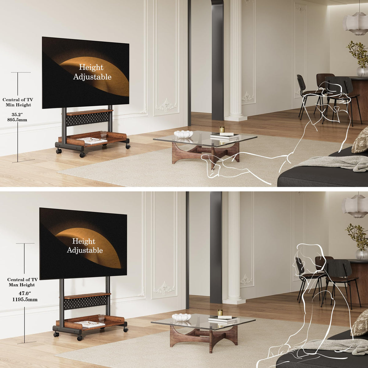 Corner TV Stand on Wheels for 40-85 Inch TVs - Black - Peg Board and Wooden Shelf Storage, Height Adjustable Mount
