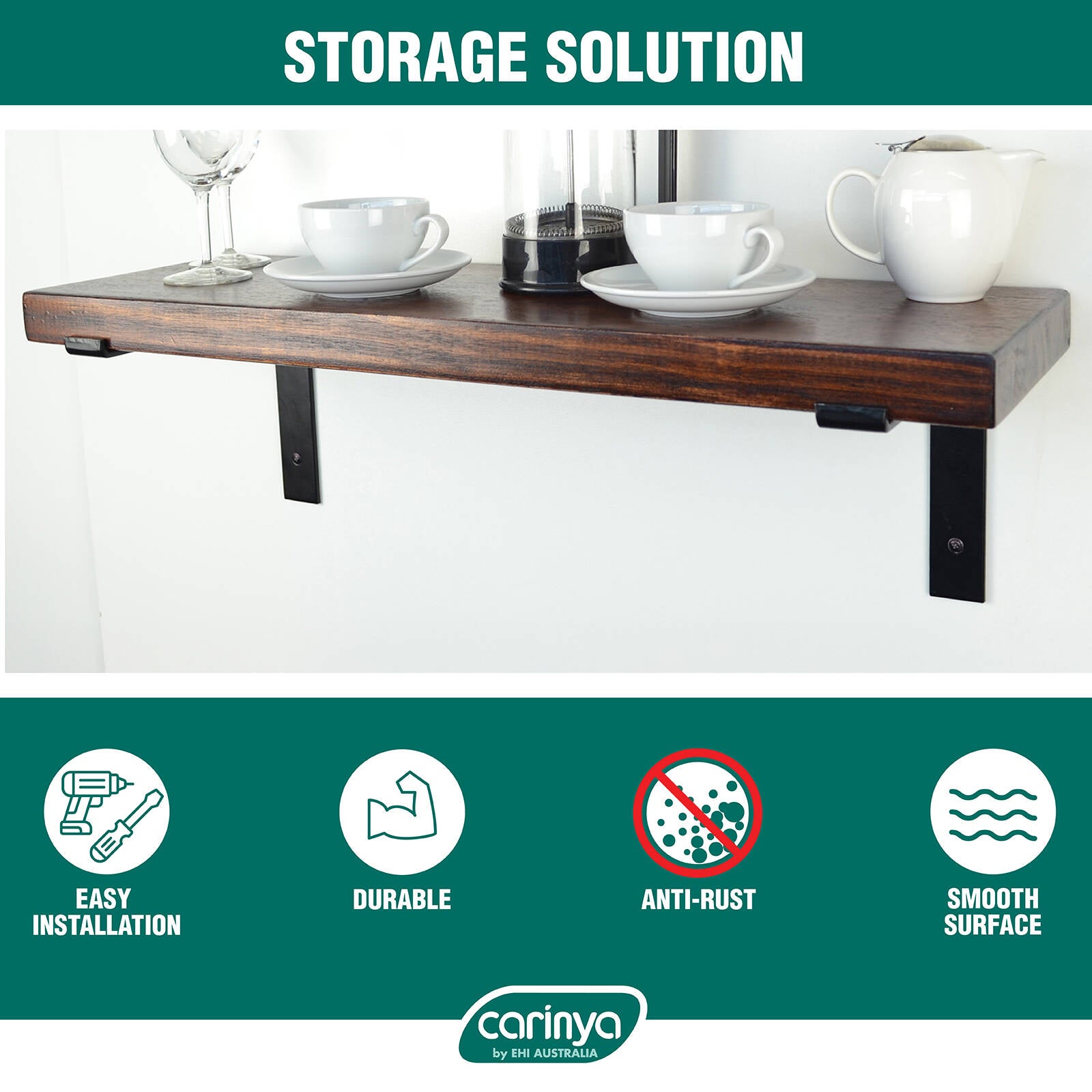 Carinya 240 x 185mm Black Powder Coated Steel Lipped Angle Bracket Wall Mount 50kg Load