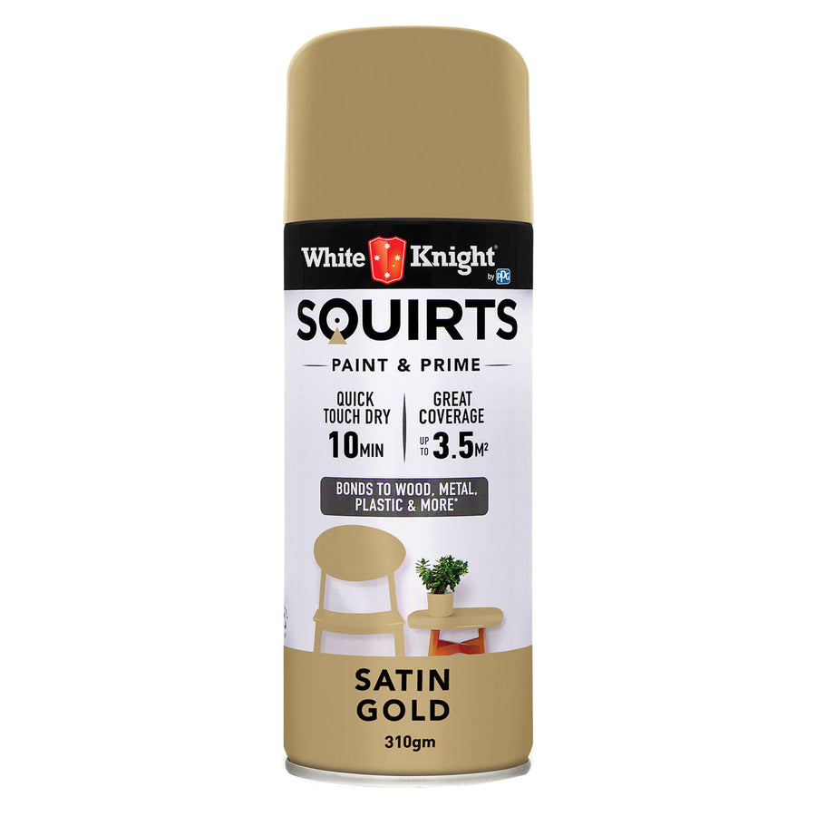 White Knight Squirts Gold Satin Spray Paint 310g - Solvent-Based Paint & Primer, UV Resistant