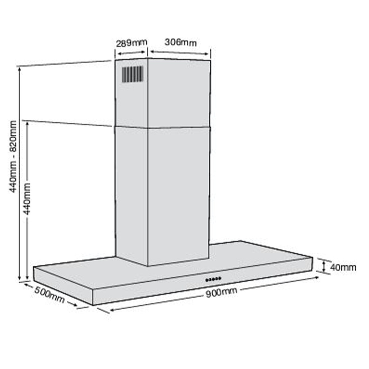 Belling 90cm linear canopy rangehood - Stainless steel - 800m³/h, 3 fan speeds, push buttons - BL90S
