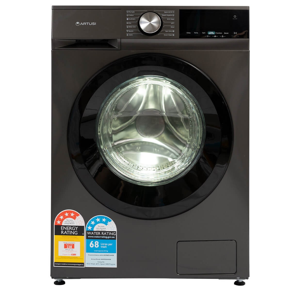 Artusi 8kg Front Load Washing Machine - Grey / Charcoal, Steam Hygiene, 24 Hour Delay Start - AWM8000GB