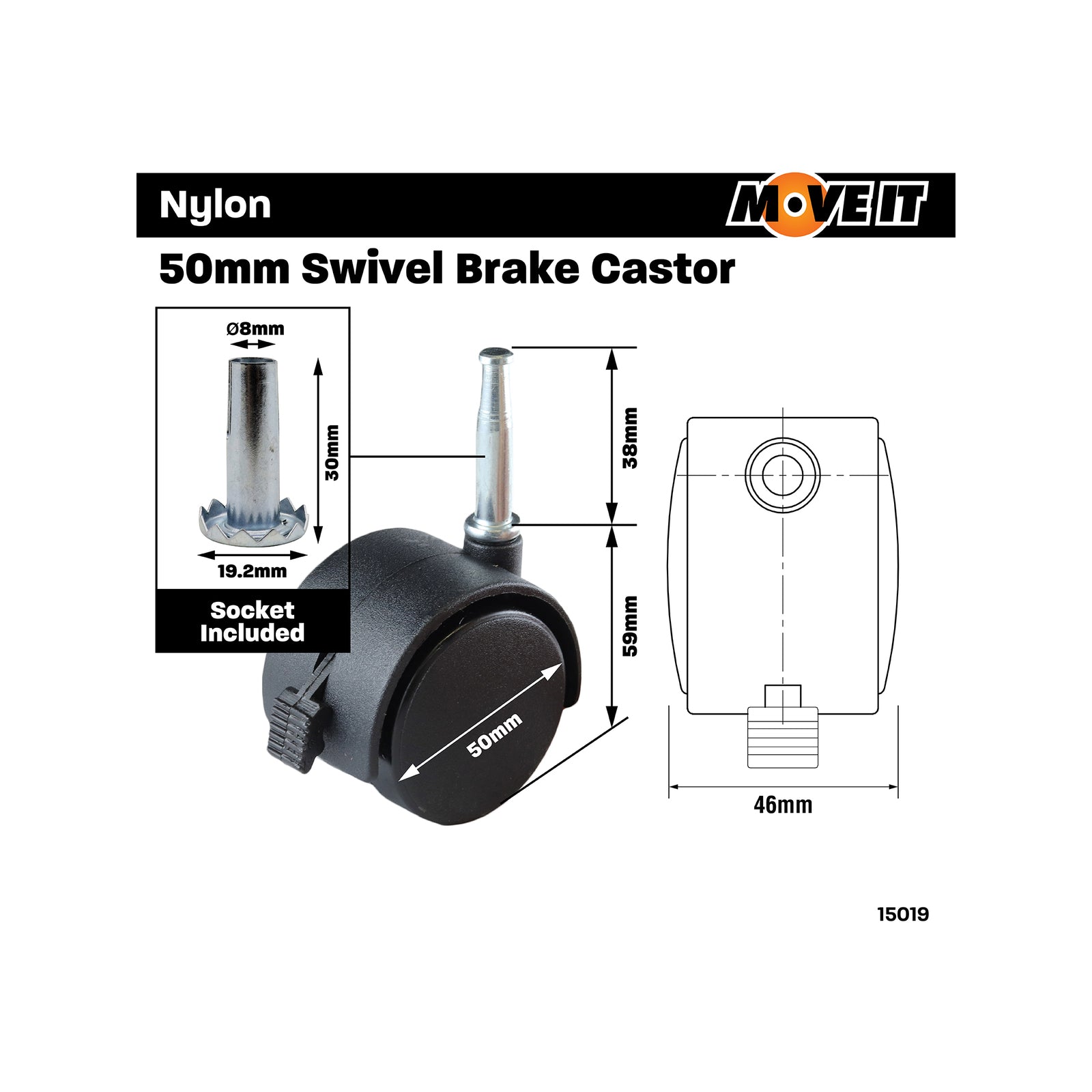 Move It 50mm Hooded Socket Furniture Castor with Brake, Nylon Twin Wheel, 50kg - 2 Pack
