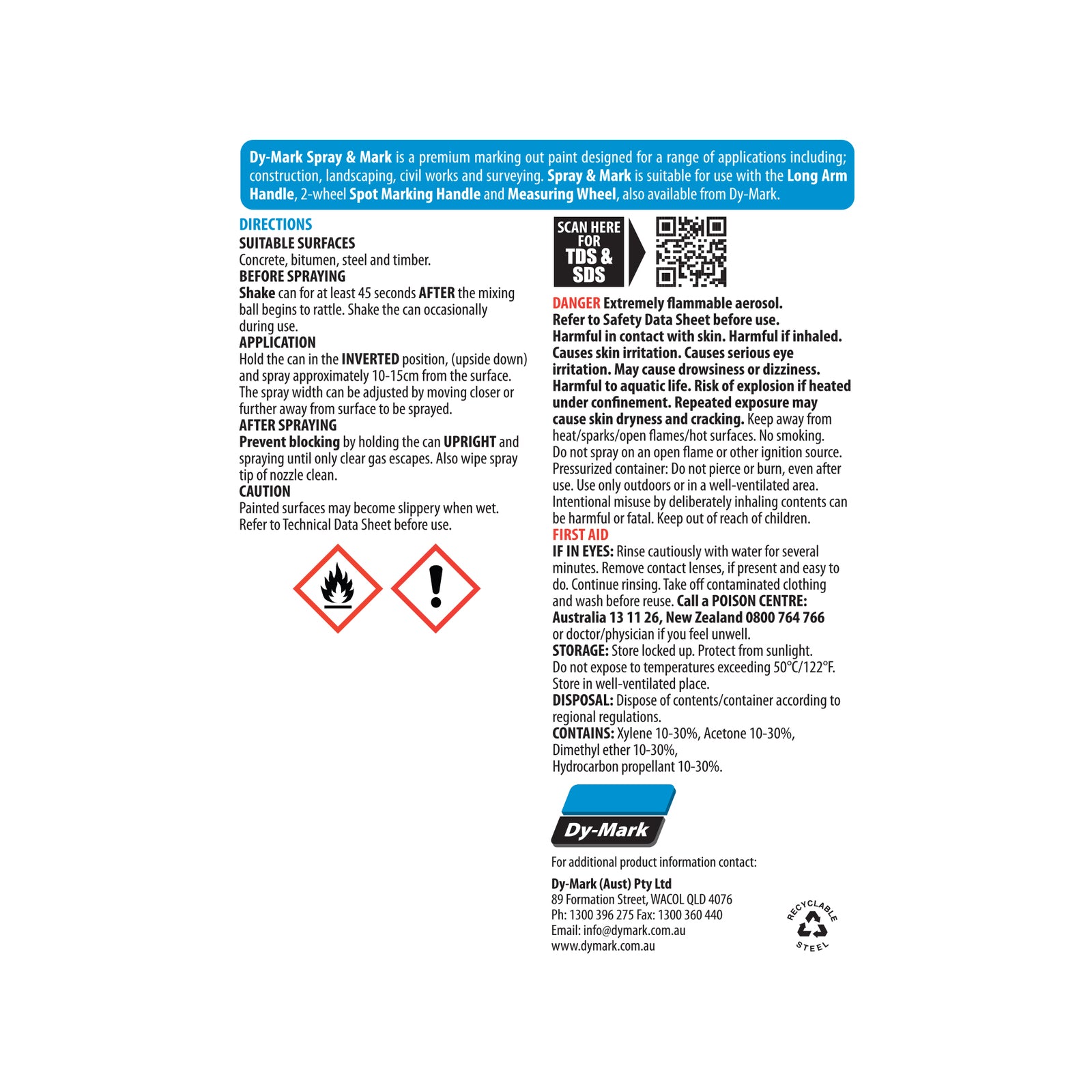 Dy-Mark 350g Blue Spray & Mark Line Marking Paint, Inverted, Splatter Resistant